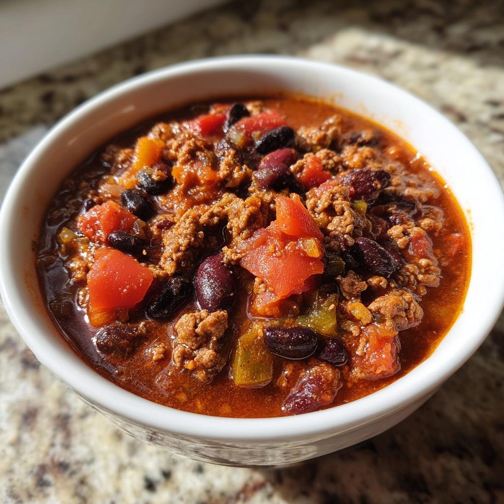 A bowl of hearty Ground Turkey Chili (Stovetop) with ground turkey, tomatoes, beans, and peppers.