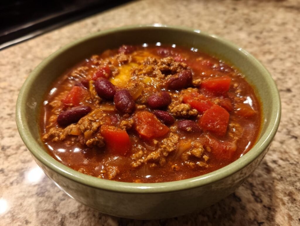 A bowl of hearty Ground Turkey Chili (Stovetop) featuring ground turkey, kidney beans, and diced tomatoes.
