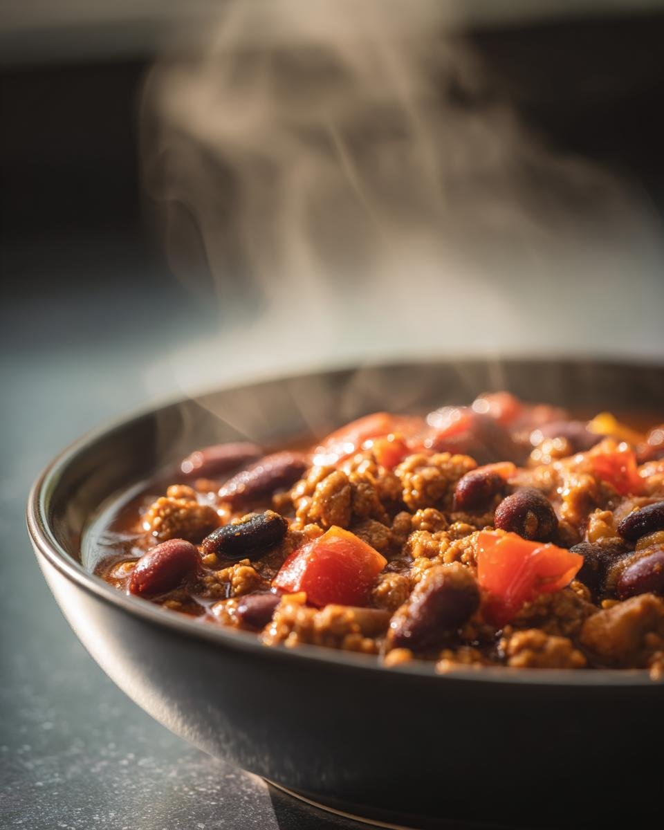 Close-up of a steaming bowl of Ground Turkey Chili (Stovetop) with beans and tomatoes.