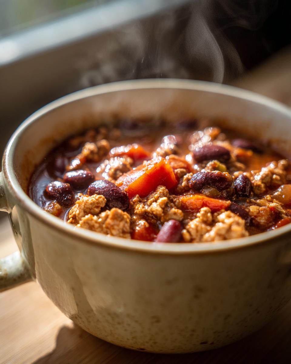 Close-up of a steaming bowl of Ground Turkey Chili (Stovetop) with beans, tomatoes, and ground turkey.