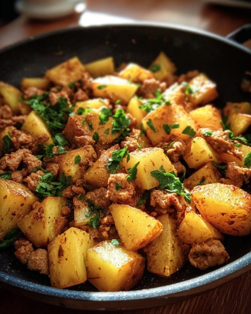 Close-up of Ground Turkey with Potatoes in a skillet, garnished with fresh parsley.