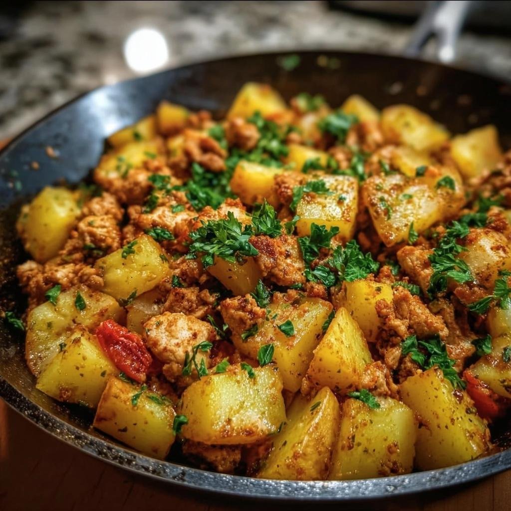 A skillet filled with Ground Turkey with Potatoes, garnished with fresh parsley.