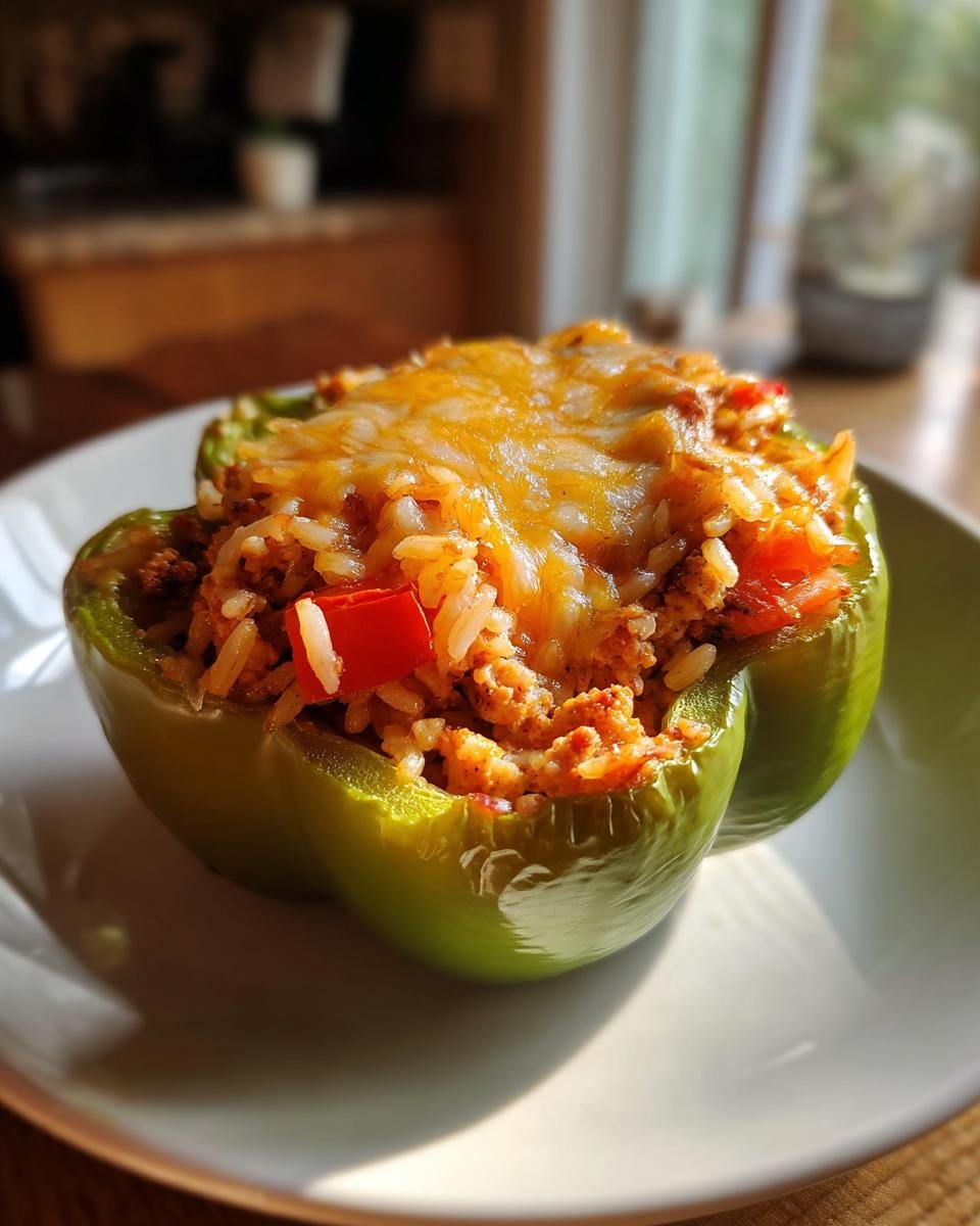 A green Ground Turkey Stuffed Pepper topped with melted cheese, sitting on a white plate.