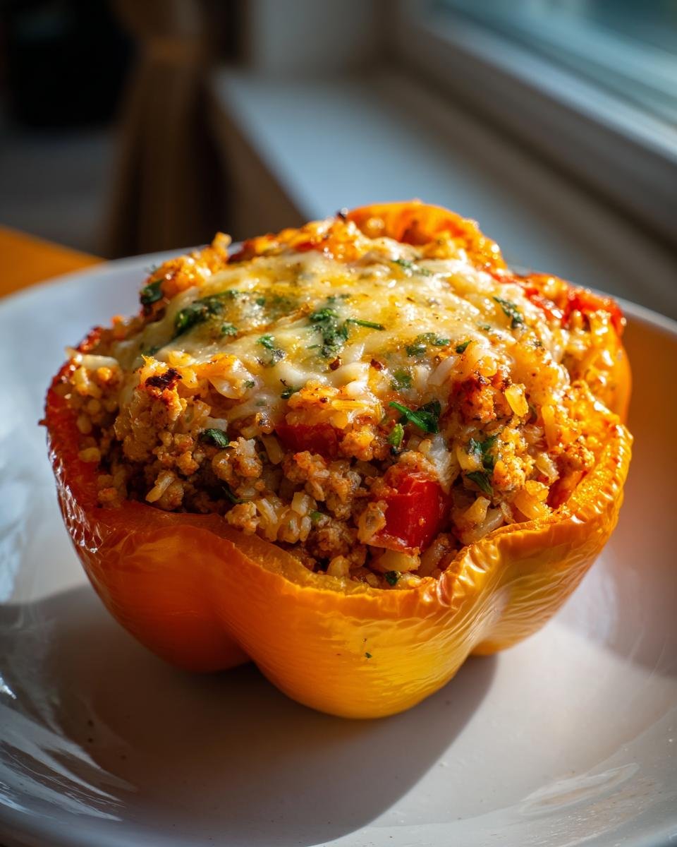 A vibrant yellow bell pepper filled with ground turkey, rice, tomatoes, and melted cheese. Ground Turkey Stuffed Peppers recipe.