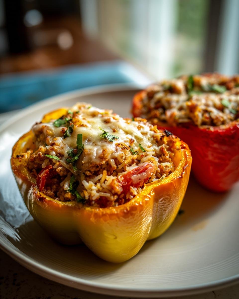 Two Ground Turkey Stuffed Peppers, one yellow and one red, topped with melted cheese and herbs on a plate.