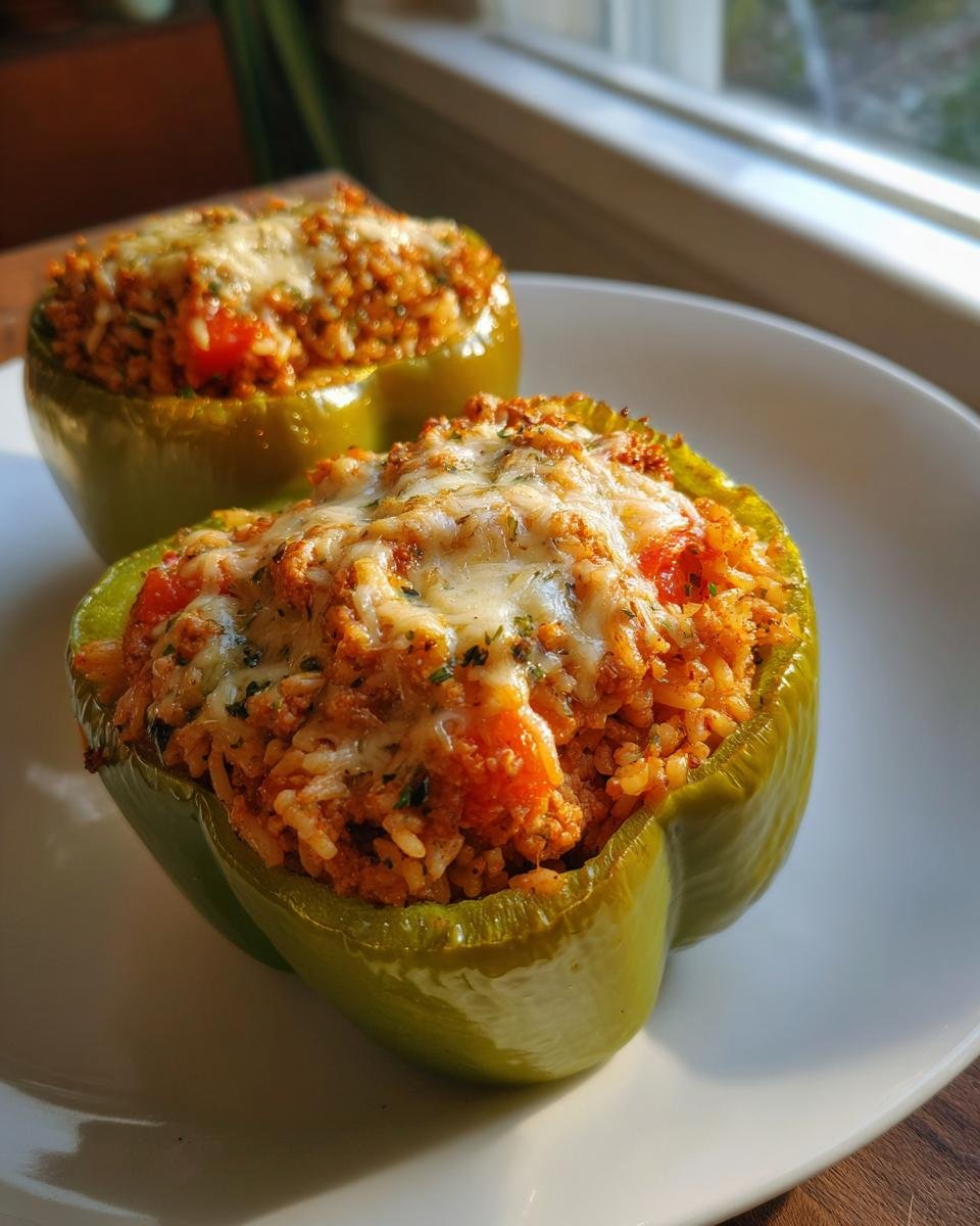 Two green Ground Turkey Stuffed Peppers on a white plate, topped with melted cheese.