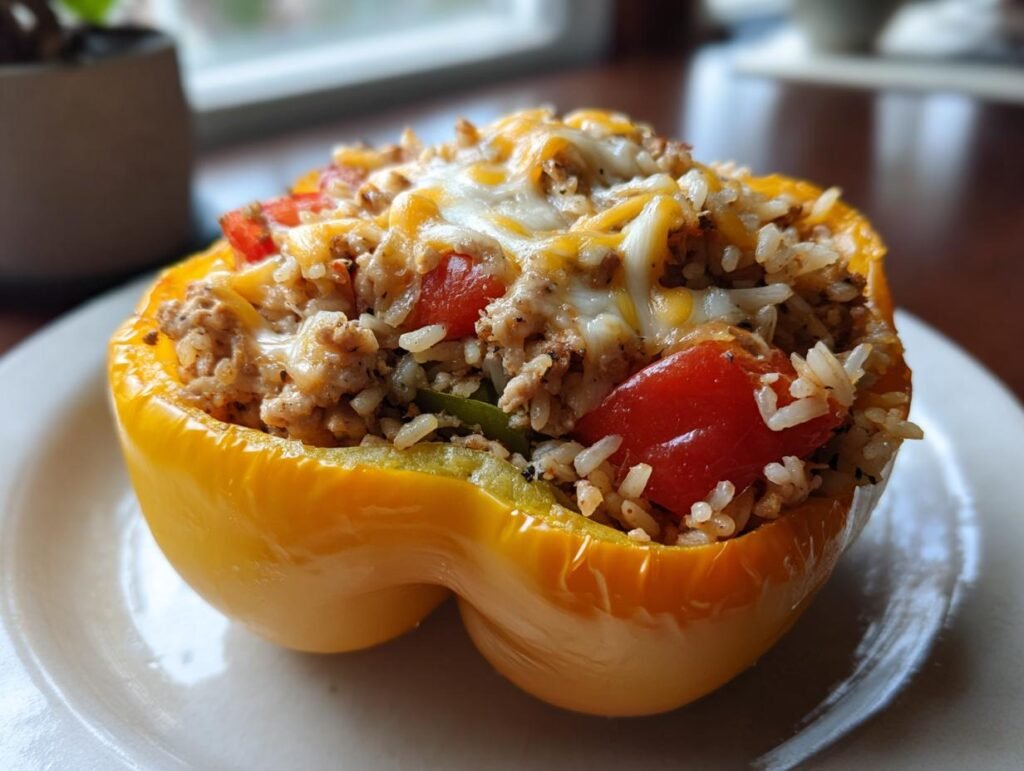 A yellow bell pepper filled with ground turkey, rice, tomatoes, and melted cheese. Delicious Ground Turkey Stuffed Peppers.