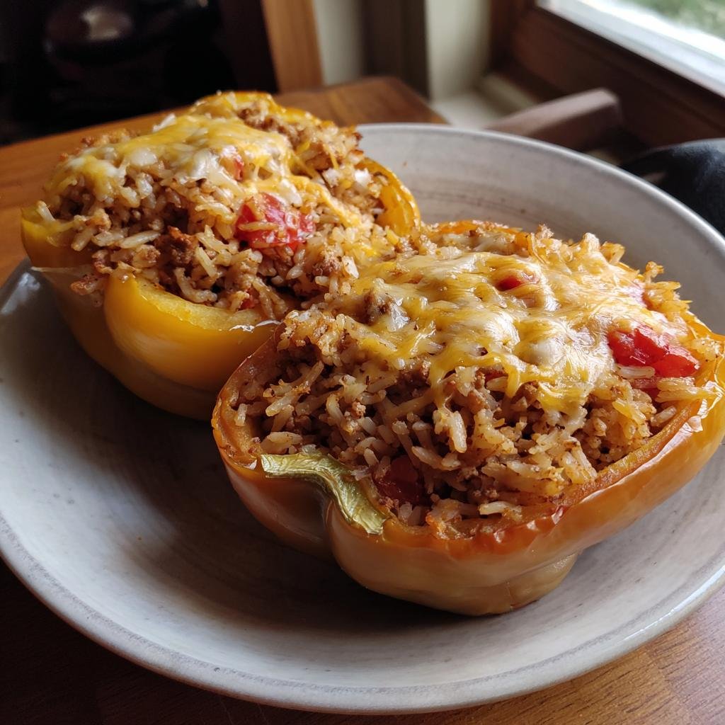 Two ground turkey stuffed peppers topped with melted cheese on a plate, ready to eat.