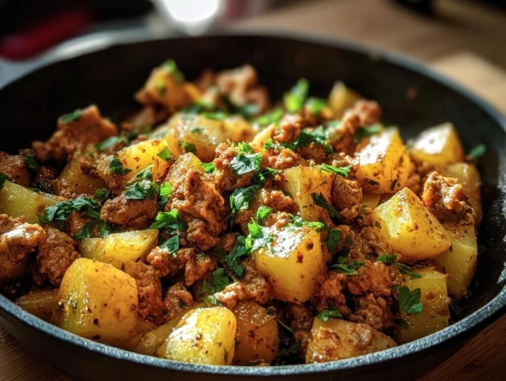 Close-up of Ground Turkey with Potatoes, garnished with parsley, served in a black skillet.