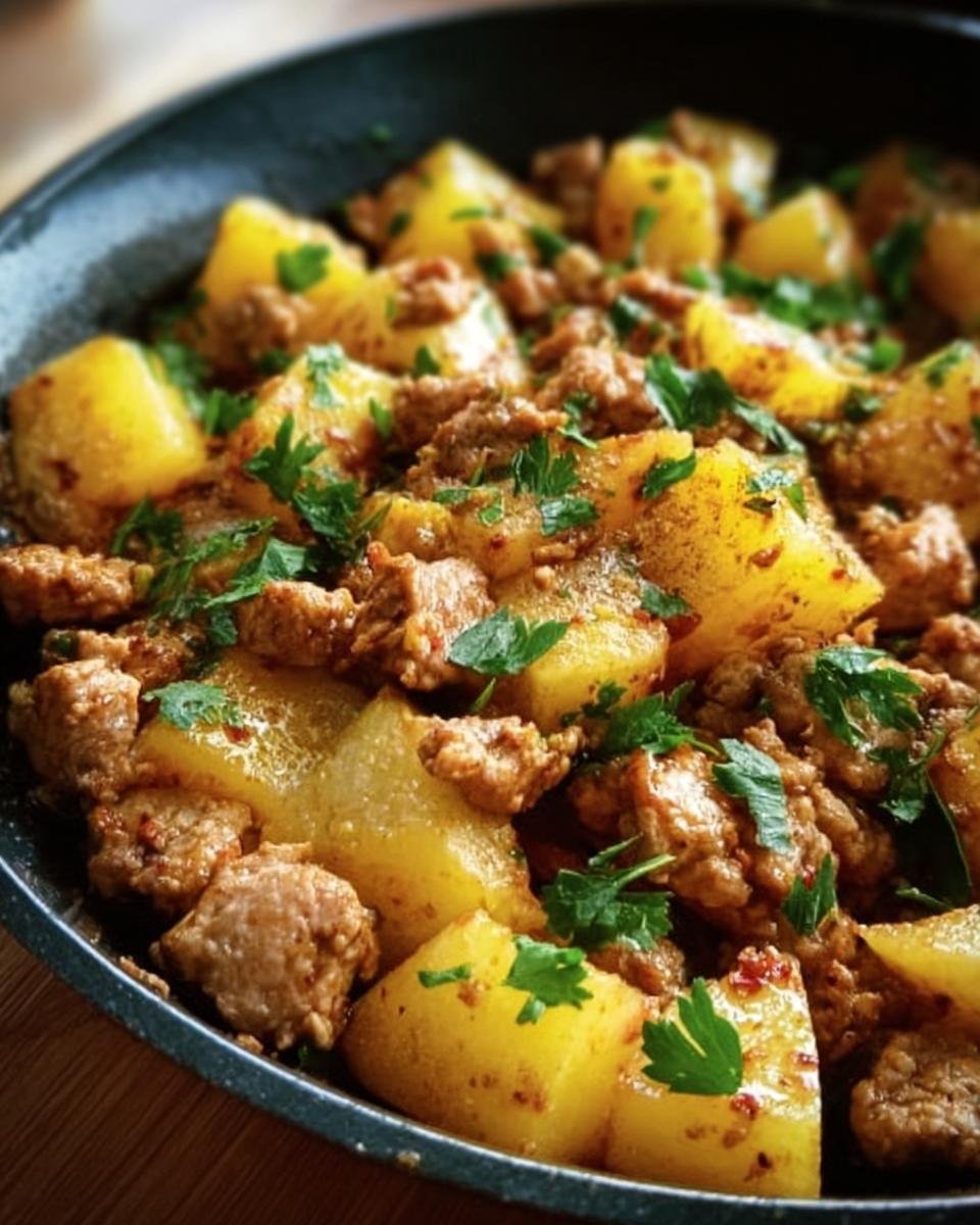 Close-up of Ground Turkey with Potatoes in a skillet, garnished with fresh parsley.