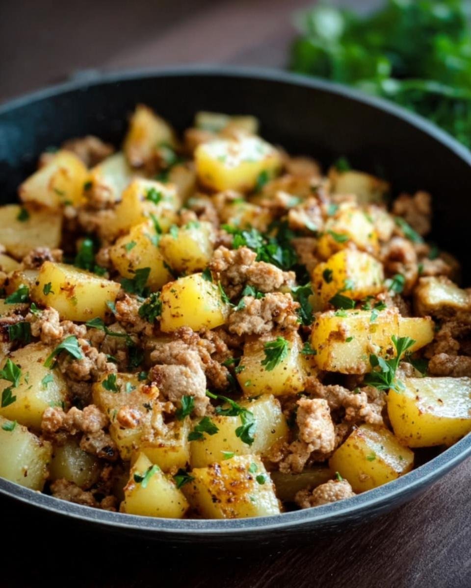 Close-up of Ground Turkey with Potatoes in a skillet, garnished with fresh parsley.