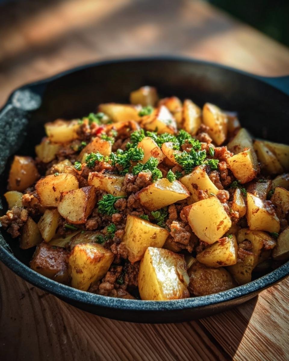 A skillet filled with seasoned ground turkey with potatoes, garnished with fresh parsley.