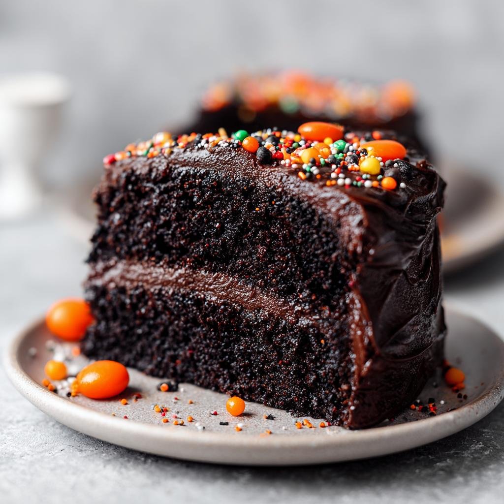 A slice of rich chocolate Halloween Cake decorated with colorful sprinkles and orange candies.
