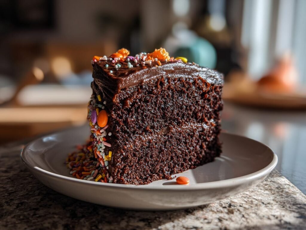 A slice of chocolate Halloween Cake with chocolate frosting and colorful sprinkles on a white plate.