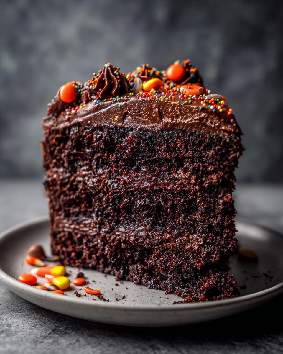 A slice of rich chocolate Halloween Cake with chocolate frosting, sprinkles, and candy corn on a gray plate.