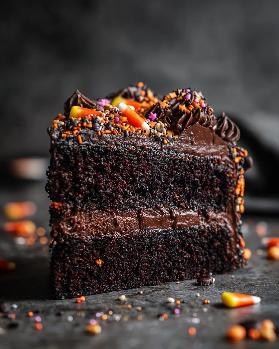 A slice of chocolate Halloween Cake with frosting, candy corn, and colorful sprinkles.