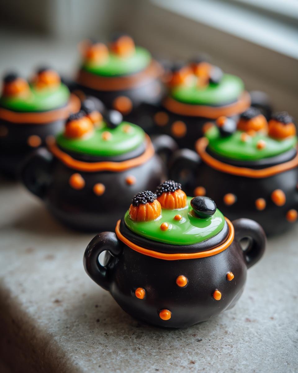 Close-up of Halloween Cauldron Cookies decorated with green icing, orange trim, and candy toppings.
