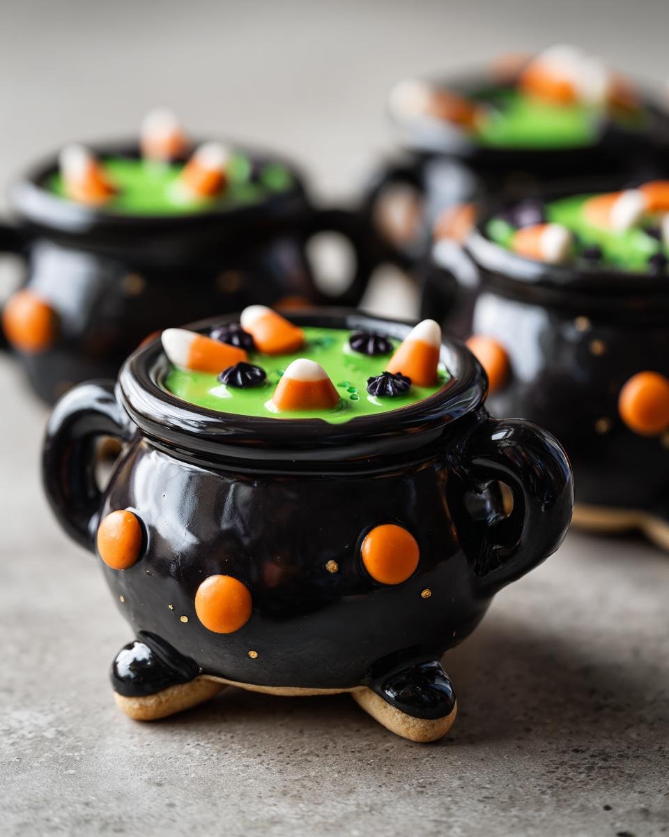 Close-up of Halloween cauldron cookies filled with green 'potion' and candy corn.