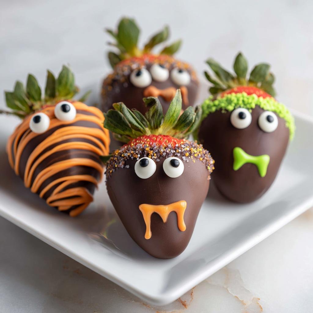 Festive Halloween Chocolate Covered Strawberries decorated as monsters with candy eyes and colorful accents.