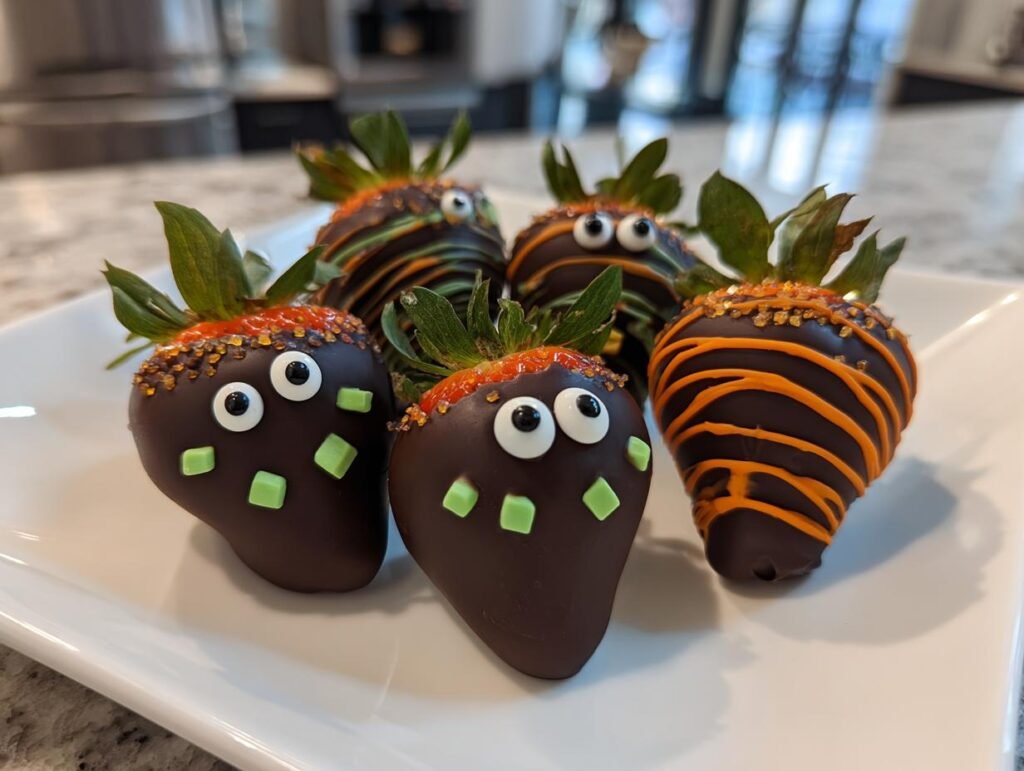 A plate of festive Halloween Chocolate Covered Strawberries decorated with candy eyes and orange drizzle.
