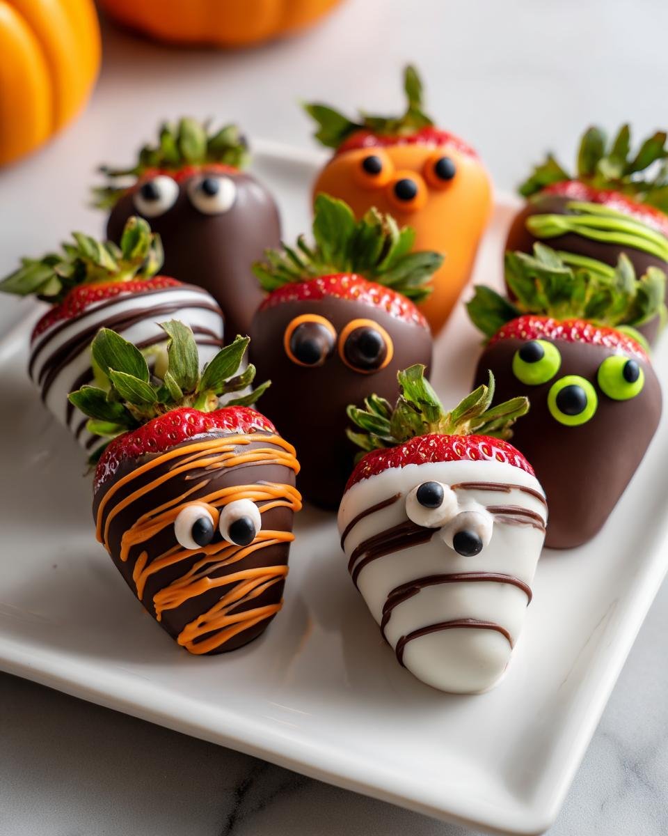 A plate of Halloween Chocolate Covered Strawberries decorated as monsters and pumpkins with candy eyes and colorful chocolate.