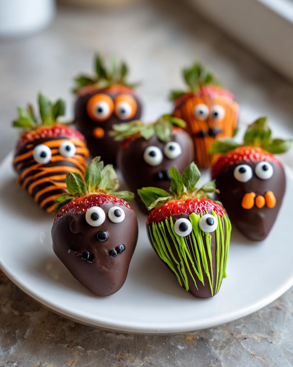 A plate of festive Halloween Chocolate Covered Strawberries with candy eyes and spooky decorations.