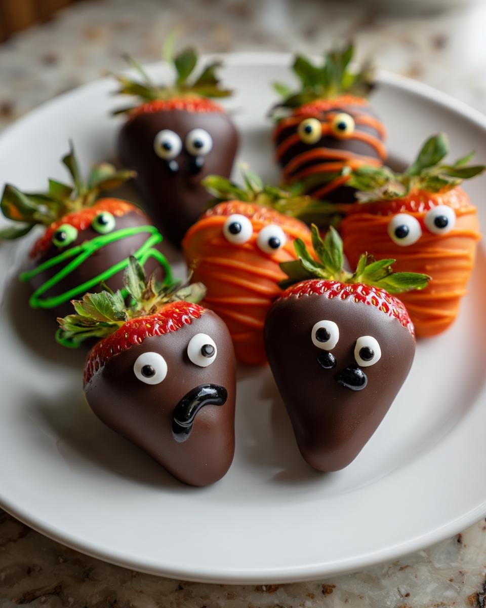A plate of festive Halloween Chocolate Covered Strawberries decorated with candy eyes and colorful chocolate drizzles.