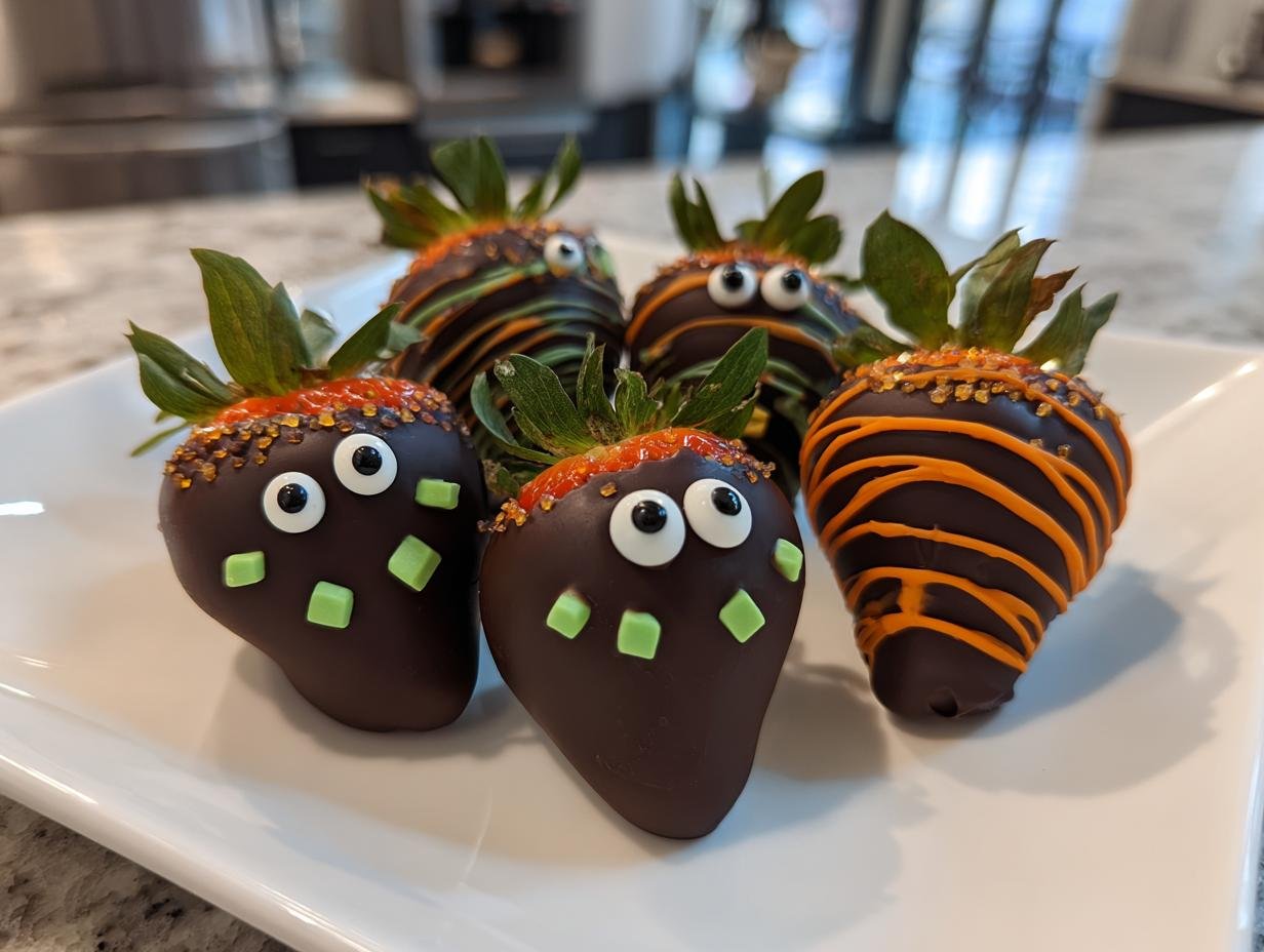 A plate of festive Halloween Chocolate Covered Strawberries decorated with candy eyes and orange drizzle.