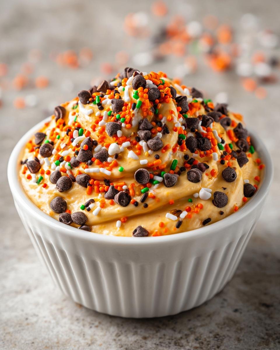 Close-up of Halloween Dunkaroo Dip in a white bowl, topped with chocolate chips and festive orange, white, and green sprinkles.
