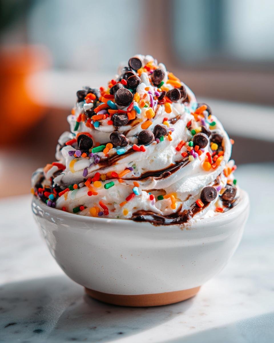 A bowl filled with Halloween Dunkaroo Dip, topped with whipped cream, chocolate chips, sprinkles, and chocolate syrup.