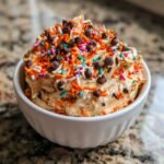 Bowl of Halloween Dunkaroo Dip topped with colorful sprinkles and chocolate chips.
