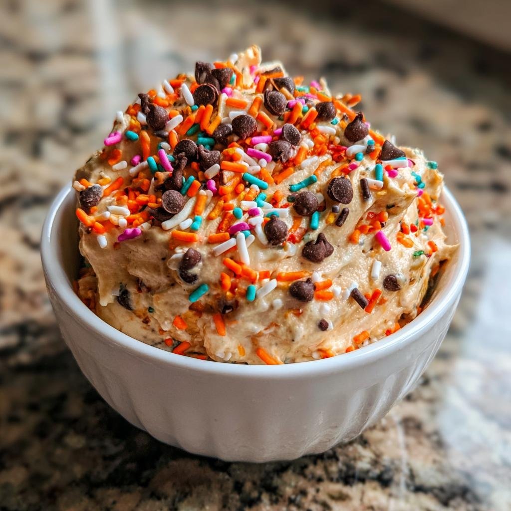Bowl of Halloween Dunkaroo Dip topped with colorful sprinkles and chocolate chips.