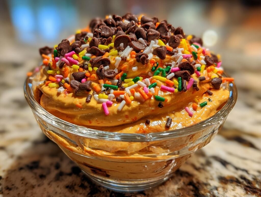 Close-up of Halloween Dunkaroo Dip in a glass bowl, topped with colorful sprinkles and chocolate chips.