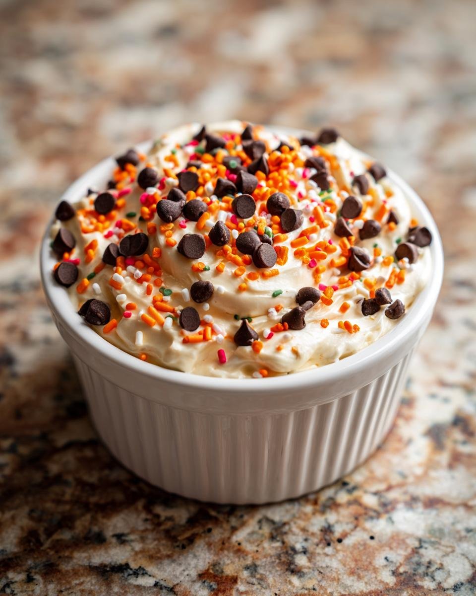 Bowl of Halloween Dunkaroo Dip topped with chocolate chips and festive orange and white sprinkles.