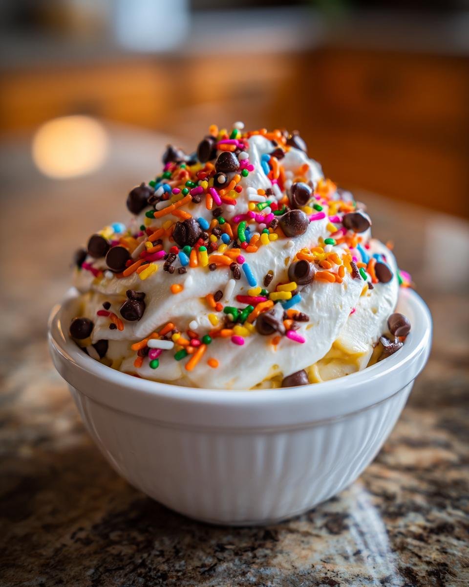 A bowl of Halloween Dunkaroo Dip topped with colorful sprinkles and chocolate chips.