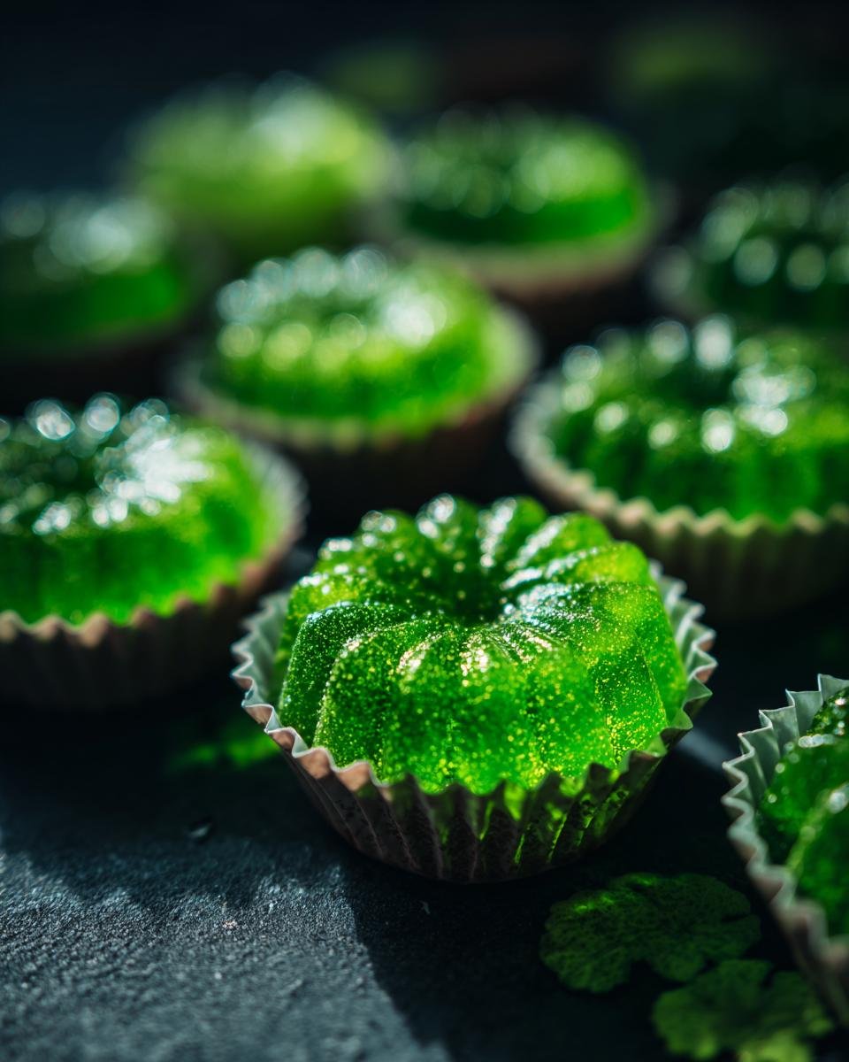 Close-up of green Halloween jello shot bundt cakes in cupcake liners, ready to serve.
