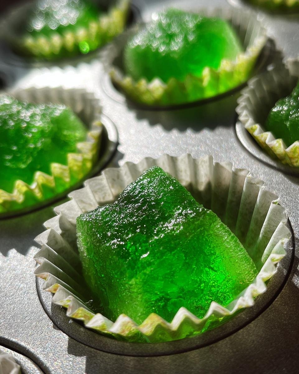 Close-up of a bright green Halloween jello shot in a cupcake liner, set in a muffin tin.