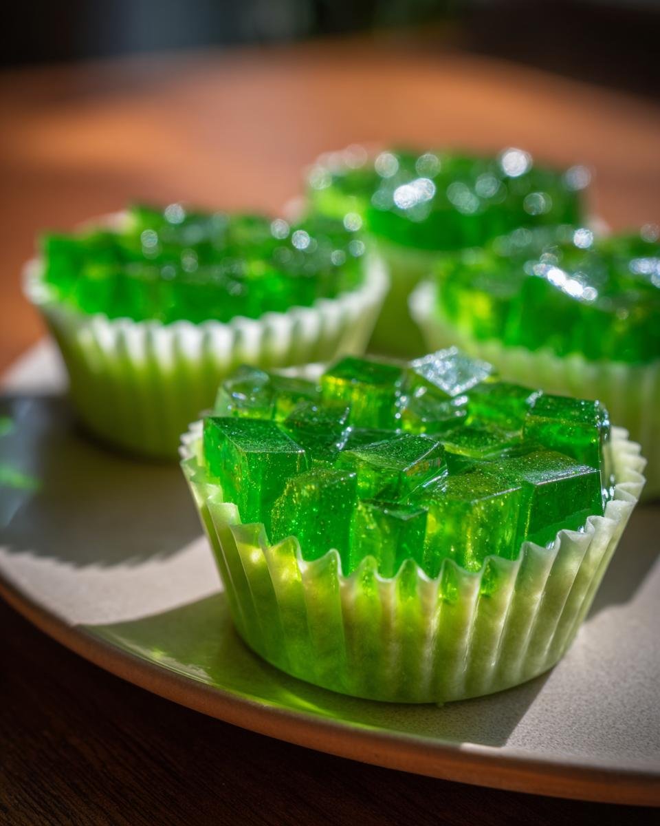 Close-up of green Halloween jello shot cubes in cupcake liners on a plate, ready to serve.