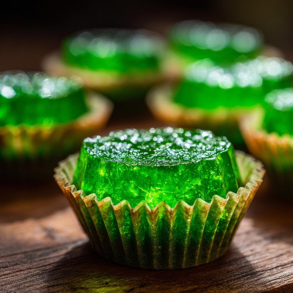A vibrant green Halloween jello shot in a decorative paper cup, sitting on a wooden surface.