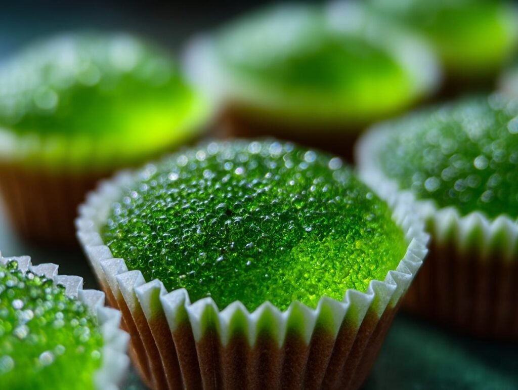 Close-up of green Halloween jello shot in a white paper cup, showcasing its texture and vibrant color.