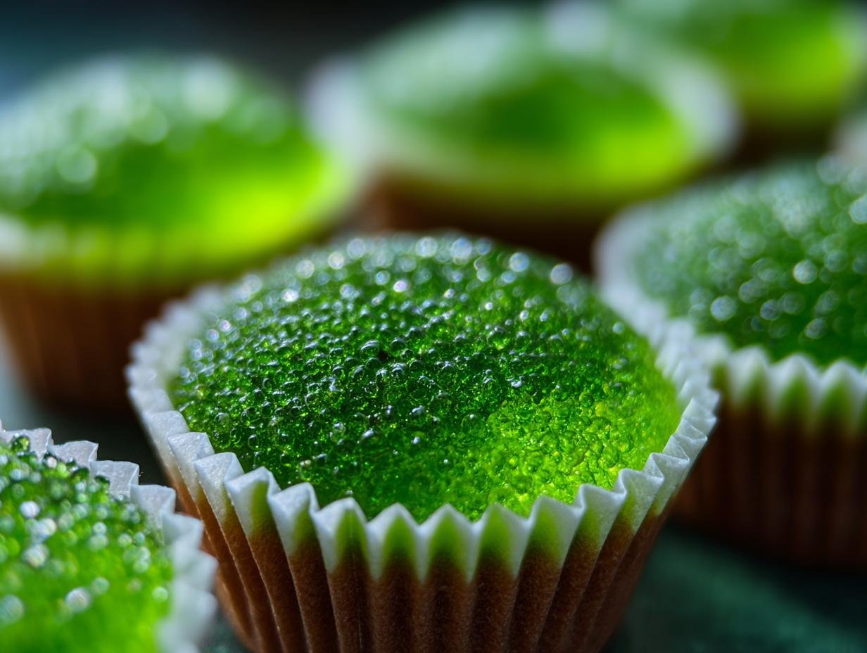 Close-up of green Halloween jello shot in a white paper cup, showcasing its texture and vibrant color.
