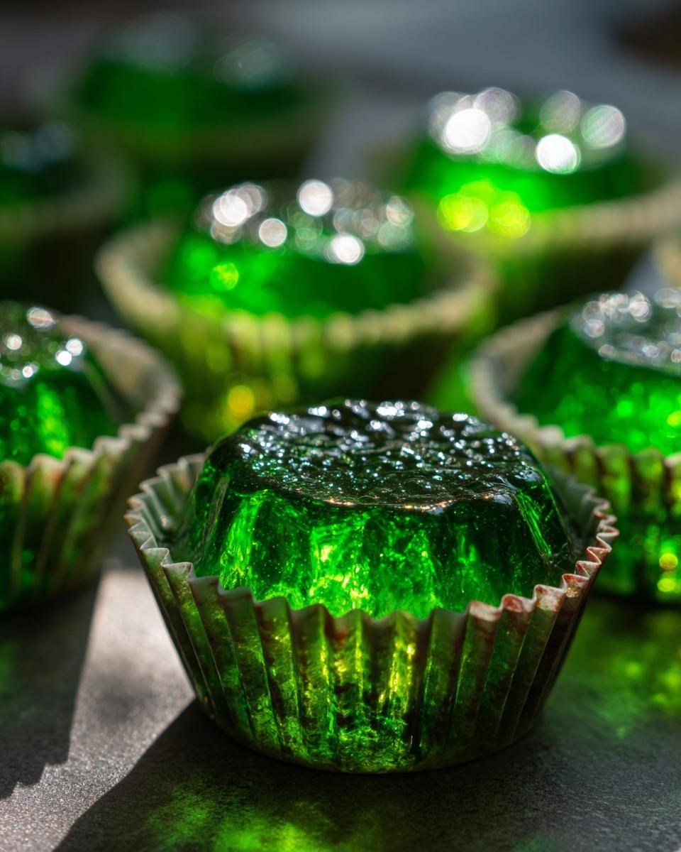 Close-up of a green Halloween jello shot in a cupcake liner, with more jello shots blurred in the background.