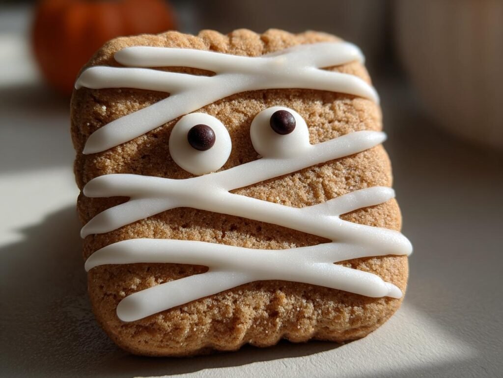 Close-up of a square Halloween Mummy Cookie decorated with white icing and candy eyes.