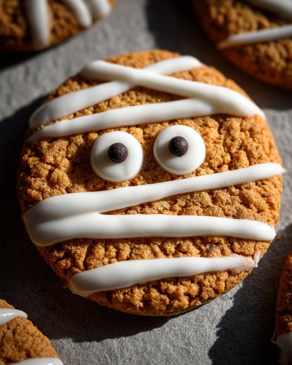 Close-up of a decorated Halloween Mummy Cookies with white icing bandages and candy eyes.
