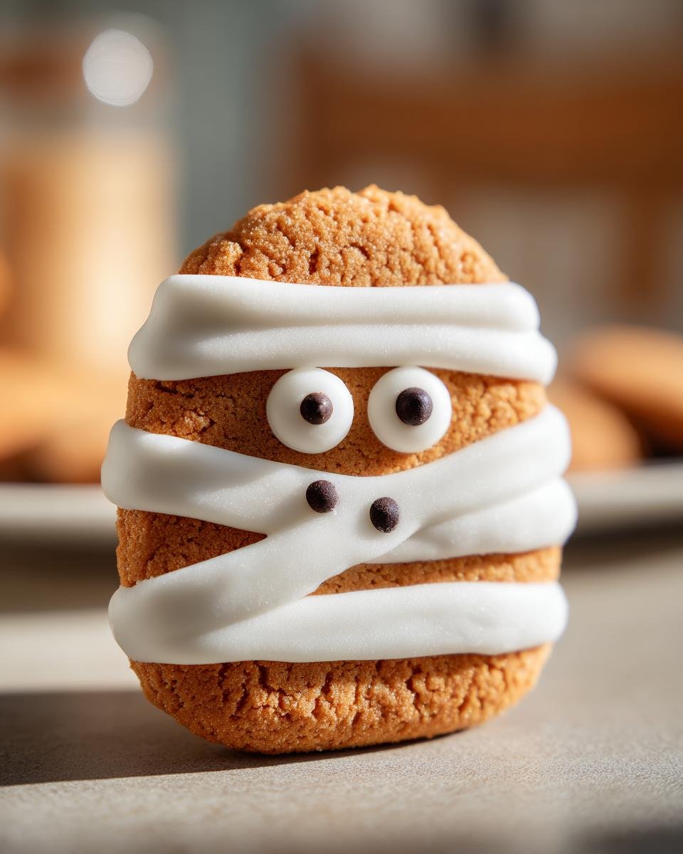 Close-up of a decorated Halloween Mummy Cookies with icing and candy eyes.