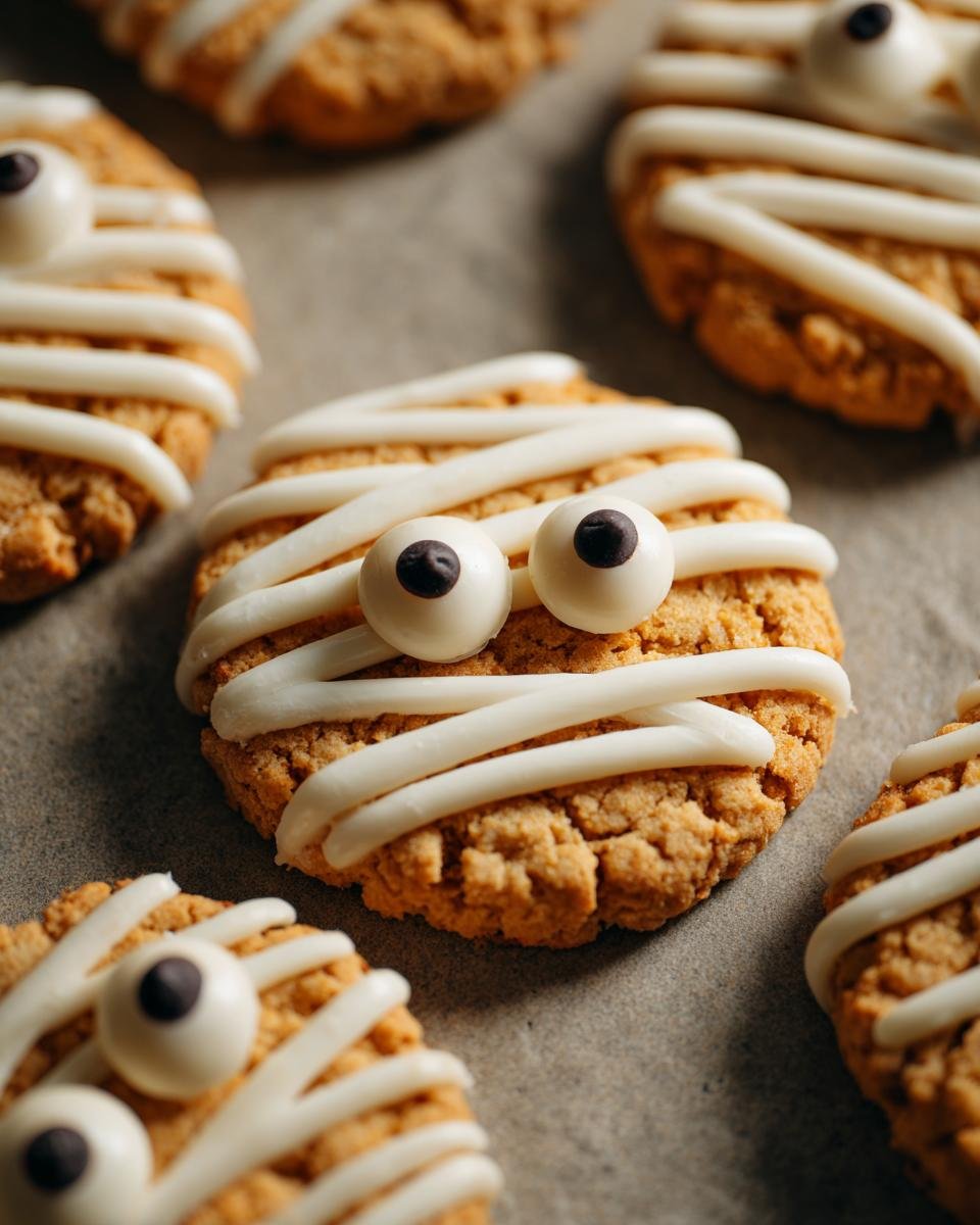 Close-up of Halloween Mummy Cookies with white icing stripes and candy eyes on parchment paper.