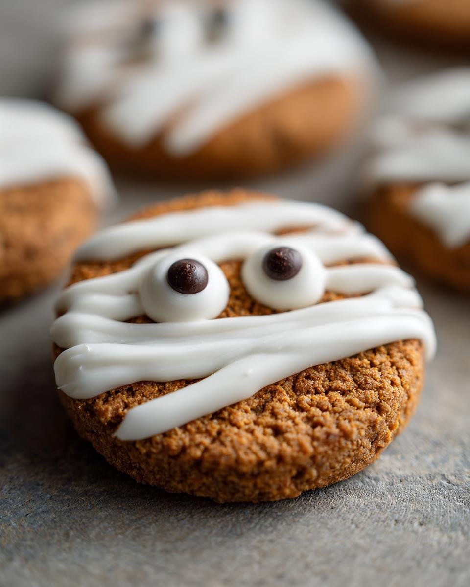 A close-up of a Halloween Mummy Cookie with white icing bandages and candy eyes.
