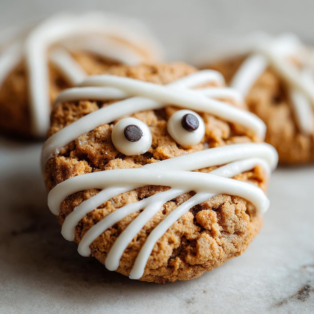 Close-up of Halloween Mummy Cookies decorated with white icing and candy eyes.