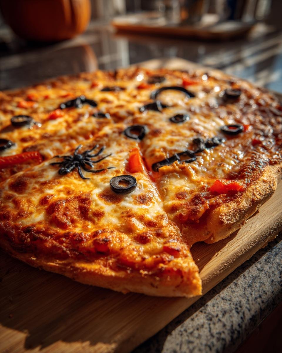 A festive Halloween Pizza Ideas featuring black olive spiders and other spooky toppings on a wooden board.