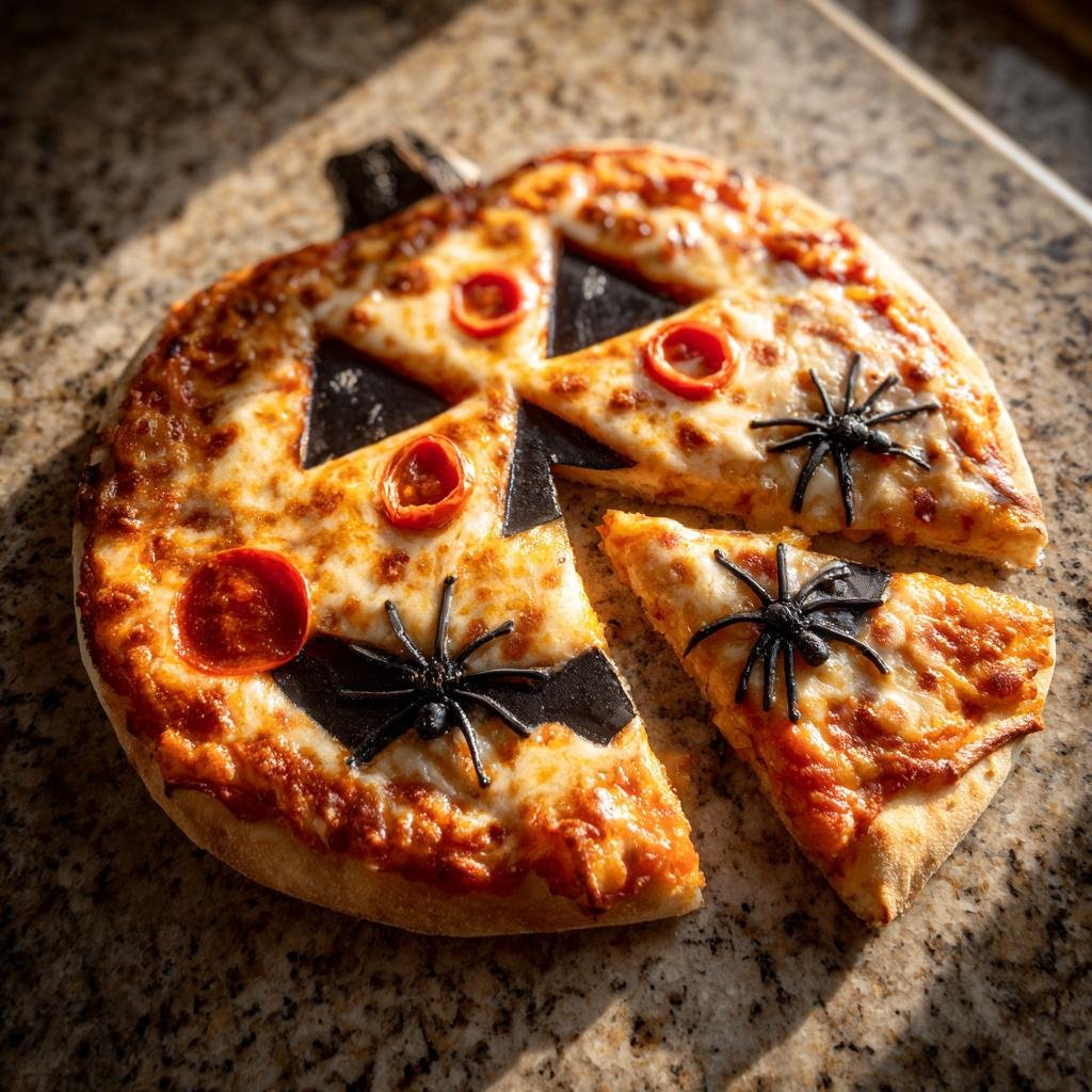 Pumpkin-shaped Halloween Pizza Ideas with cheese, pepperoni, tomato, and spider decorations.